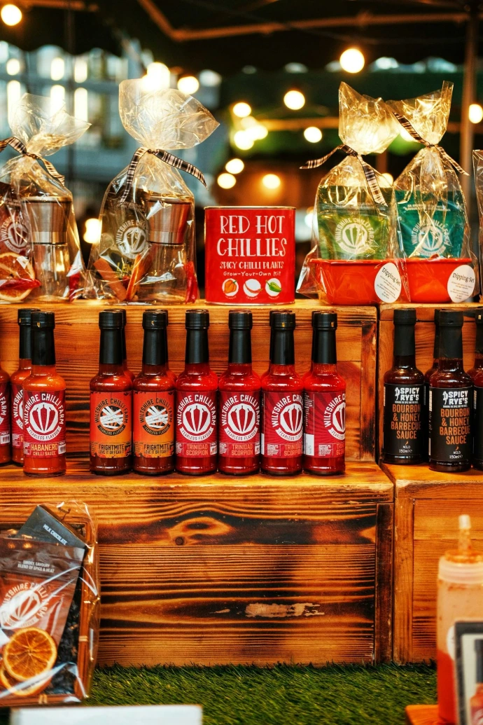 Bottles of hot sauce and gift sets on display